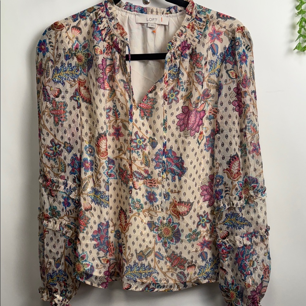 LOFT Cream Floral Blouse with Pink and Blue Accents